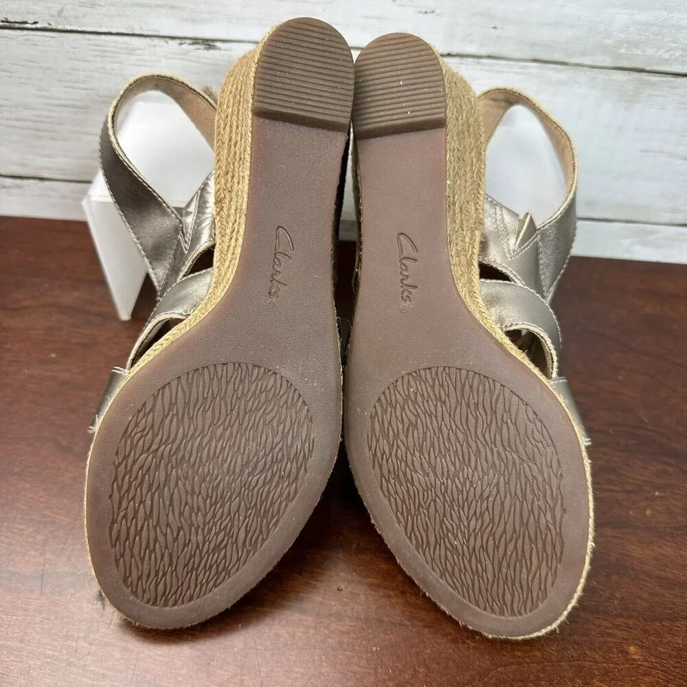 Clarks Collection Women's Espadrille Wedge Sling Back Heels Size 7.5 M Rope Gold